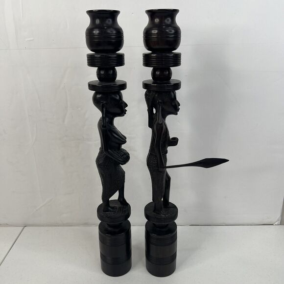 Pair of Vintage African Hand Carved Iron Wood Figural Sculptures Candle Sticks - Picture 9 of 15